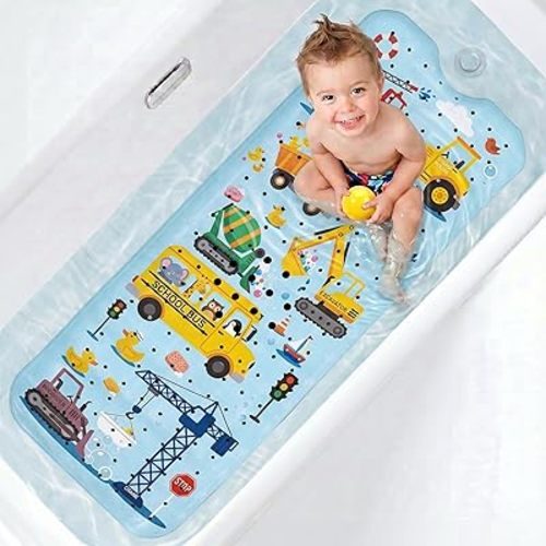 UNEEDE Baby Bathtub Mat Non Slip with 200 Suction Cups & 176 Drain Holes, 40''x16'' Quick Dry Bath Mat, Machine Washable Shower Mat for Toddlers & Kids, Vehicles Pattern