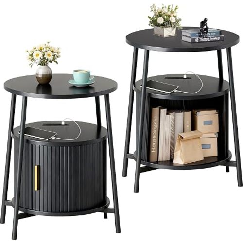 DHH Round End Tables Set of 2 & Charging Station, Fluted Accent Side Table with Sliding Door, Mid-Century Modem Nightstand Set for Small Space Storage, Living Room, Bedroom,Sofa Couch(Dark Walnut)
