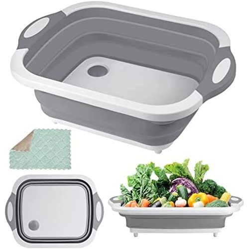 Collapsible Cutting Board, HI NINGER Foldable Chopping Board with Towel Kitchen Camping Dishes Sink Space Saving 3 in 1 Multifunction Storage Basket for BBQ Prep/Picnic/Camping (Grey)