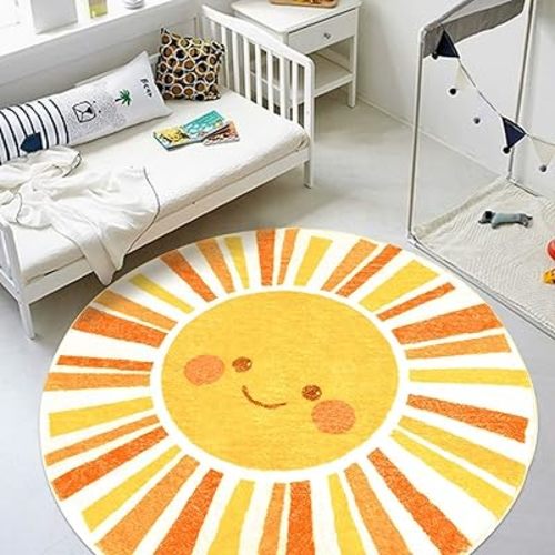 Kids Rug Boho Sun Play Mat 5.2Ft Round Sunshine Bedroom Carpet for Boys Girls Circle Nursery Mat Playroom Rug for Children Washable Orange Yellow Sun Area Rug for Classroom Living Room