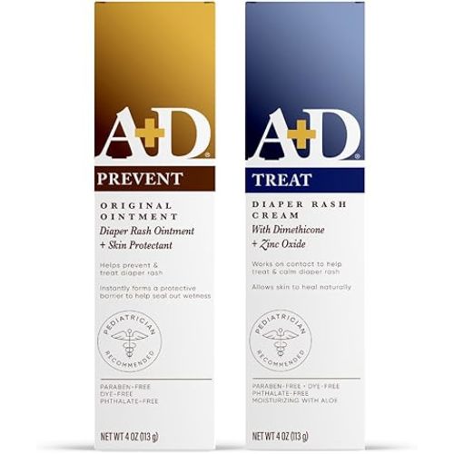 A+D Original Diaper Rash Ointment + A+D Zinc Oxide Diaper Rash Cream 4 oz. Variety Pack - Prevents & Treats Diaper Rash, Moisturizing Skin Protectant with Vitamins A & D