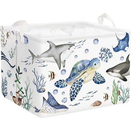 Clastyle Fish Sea Turtle Baby Basket Ocean Coral Seaweed Starfish Toy Book Shelf Basket Waterproof Pool Toy Beach Towel Storage Bin Large Dirty Clothes Laundry Hamper, Shark, 40 * 30 * 30 cm