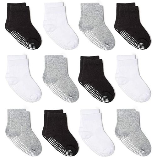Zaples Grip Crew Socks with Non Slip/Anti Skid Soles for Baby Infants Toddlers Kids Boys Girls - Assorted 12 Pack - 6-12 Months