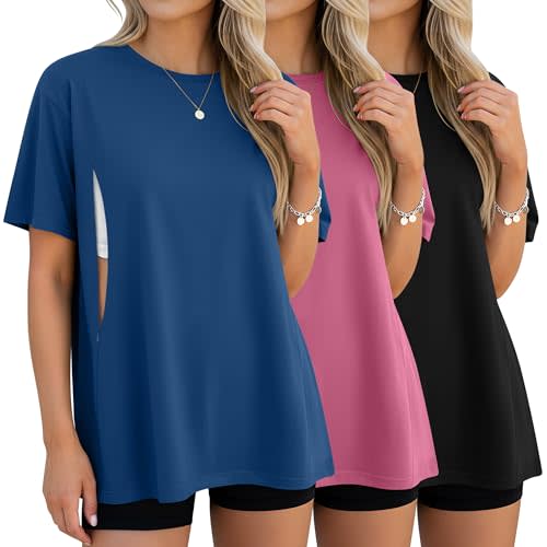 3 Pack Women's Oversize Nursing Breastfeeding Shirts Hidden Zipper Short Sleeve Loose Fit Maternity Tops