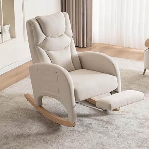 Rocking Chair Nursery,Modern Glider Chair with Adjustable Footrest and Solid Wood Legs,High Backrest Nursery Chair with Side Pocket,Rocker Armchair for Living Room Bedroom Cotton Linen, Beige