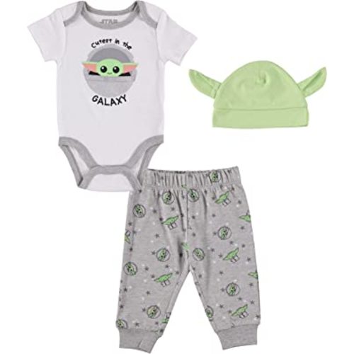 STAR WARS Baby Boys Baby Yoda Clothing 3-Piece Set with Baby Bodysuit, Pants, and Hat - Newborn Boy Outfits