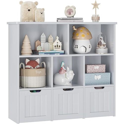 FOTOSOK Toy Storage Organizer with 3 Movable Drawers, Floor Storage Cabinet Toy Chest with Hidden Wheels and 5 Storage Cubbies, Multifunctional Storage Chest for Playroom, Grey