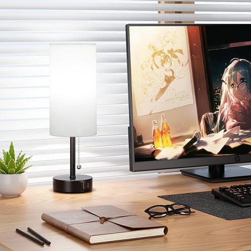 White Table Bedside Lamp for Bedroom Nightstand - Small Lamp with USB A + C Charging Port, 3 Color Temperatures Pull Chain Night Stand Light with Bulb, Side Table Desk Reading Lamp for Living Room