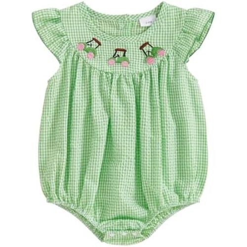 Muineobuka Newborn Baby Girl Summer Outfits Smocked Short Sleeve Bubble Romper Toddler Cute Embroidery Gingham Bodysuit