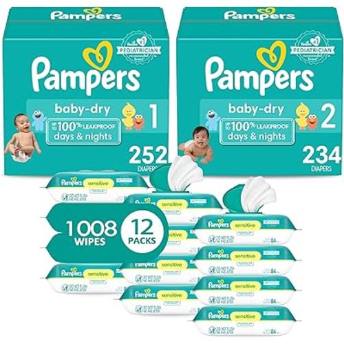 Pampers Baby Dry Disposable Baby Diapers Starter Kit (2 Month Supply), Sizes 1 (252 Count) & 2 (234 Count), with Sensitive Water Based Baby Wipes 12X Multi Pack Pop-Top and Refill (1008 Count)