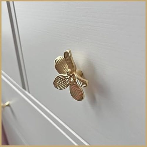 6 Pack 2.4 Inch Gold Flower Drawer Knobs, Gold Decorative Vintage Floral Cabinet Pulls, Creative Petal Handles for Dresser Drawer, Unique Bathroom Vanity Furniture Hardware