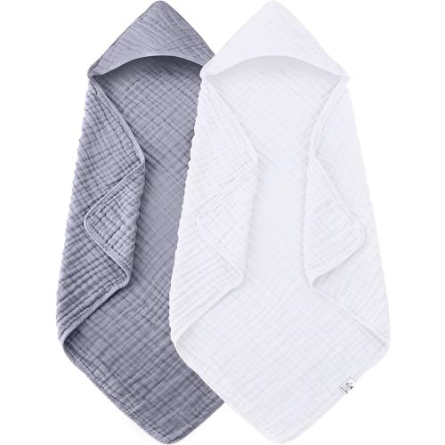 2 Pack Hooded Baby Towels - 100% Muslin Cotton for Newborns, Infants, Toddlers - Large 32x32Inch Size - Highly Absorbent and Essential for Newborn Care, White and Grey - White+grey