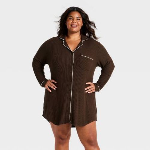 Women's Cozy Ribbed Notch Collar Pajama Gown - Auden™ Brown M