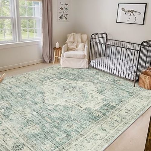 LIVEBOX Washable Area Rug 8x10 Rugs for Living Room Bedroom, Non-Slip Boho Indoor Carpet for Dining Room Office, Low-Pile Farmhouse Soft Carpets for Kids Nursery Playroom, Sage Green