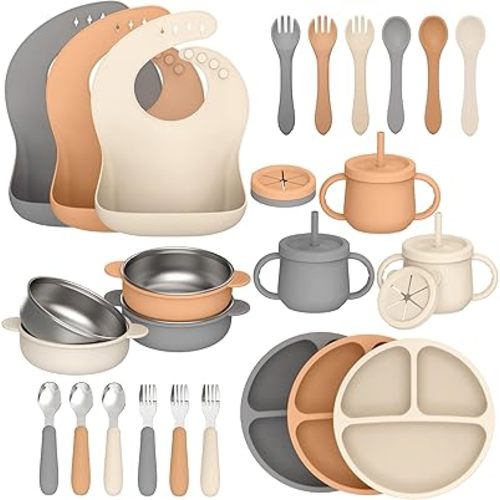 27 Pack Silicone Baby Feeding Set, Hepotk BPA-Free Food Grade Baby Feeding Essentials Utensils, Second Stage Baby Food Eating Utensils, Set of 3 babies(Brown, Beige, Grey)