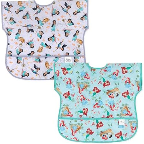 Bumkins Disney Short Sleeve Bib for Girl or Boy, Toddler and Kids for 1-3 Years, Large Size, Essential Must Have for Junior Children, Eating, Mess Saving Soft Fabric Apron, Ariel and Jasmine 2-pack