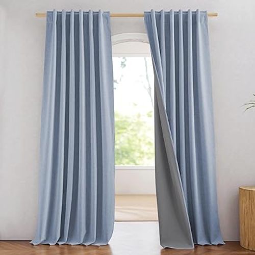 NICETOWN Stone Blue Vintage Linen 100% Blackout Curtains for Living Room, Thermal Insulated Curtains 84" Long, 52" Wide Per Panel, Set of 2, Noise Reducing Window Treatment Drapes for Hall Room