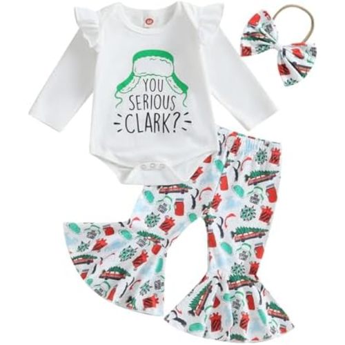 Muasaaluxi Newborn Baby Girl Christmas Outfit Long Sleeve Ruffle Romper Shirts Cookie Milk Flared Pants Headband Set