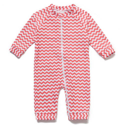 BONVERANO Baby Girls Swimsuit UPF 50+ Sun Protection, Full-Length Zipper One Piece Swimwear, 3/4 Sleeve Toddler Bathing Suit Wave/Red 6-9months