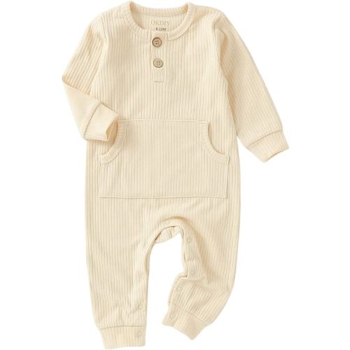 Organic Cotton Newborn Baby Boy Girl Clothes Unisex Romper Infant Solid Long Sleeve Jumpsuit Coming Home Outfit - Apricot