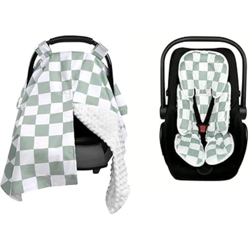 DILIMI Infant Car Seat Insert, Baby Car Seat Cover for Boys Girls, Carseat Head Support for Newborn, Green Checkered