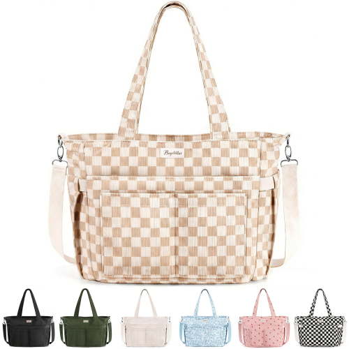 Corduroy Tote Bag for Women, Lightweight Work Laptop Tote Purse With 17 Pockets, Crossbody Shoulder Handbag for School Work Travel Gym, Checked Brown White
