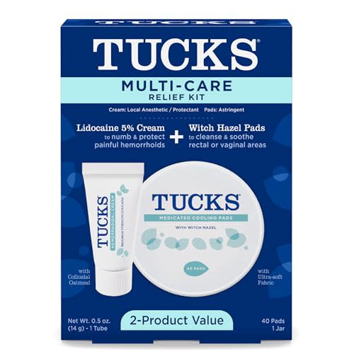 Tucks Multi-Care Relief Kit – 40 Count Witch Hazel Pads & 0.5 oz. Lidocaine Cream - Protects from Irritation, Hemorrhoid Treatment Medicated Pads Used by Hospitals