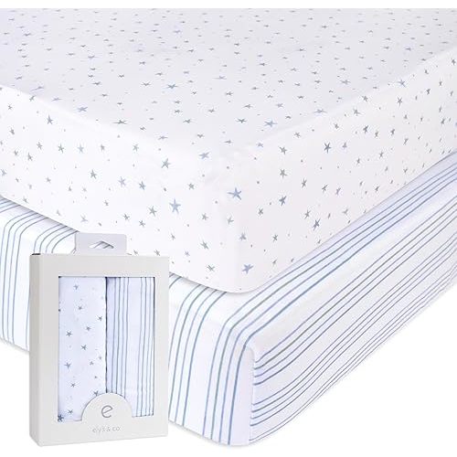 Ely’s & Co. Crib Sheets, Baby Boy Fitted Crib Mattress Sheet Set, 2 Pack, 100% Jersey Knit Cotton, Infant and Toddler Nursery Bedding, Blue Stars + Stripes Print, 28” x 52”