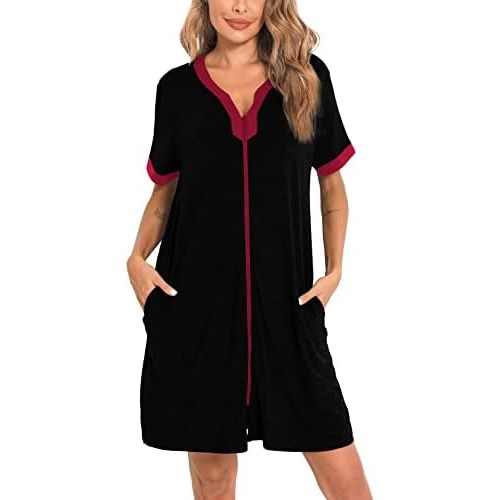 SWOMOG Women Zipper Front House Coat Short Sleeves Robe Zip up Bathrobes Short Nightgown with Pockets S-3XL