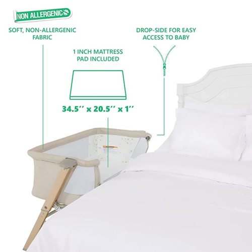 Evolur Stellar Bassinet and Bedside Sleeper, Easy to Fold and Carry, Lightweight and Portable Baby Bassinet, Height Adjustable, Mattress Pad Included, Beige