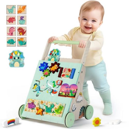 Terramus Wooden Baby Walker, Dinosaur Toddler Push Walker, Montessori Learning Activity Center for Boys Girls