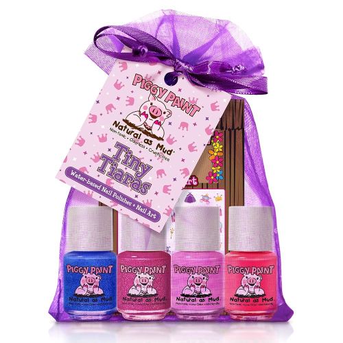 Piggy Paint | 100% Non-Toxic Girls Nail Polish | Safe, Cruelty-free, Vegan, & Low Odor for Kids | Tiny Tiaras (4 Polish + Nail Art Gift Set)