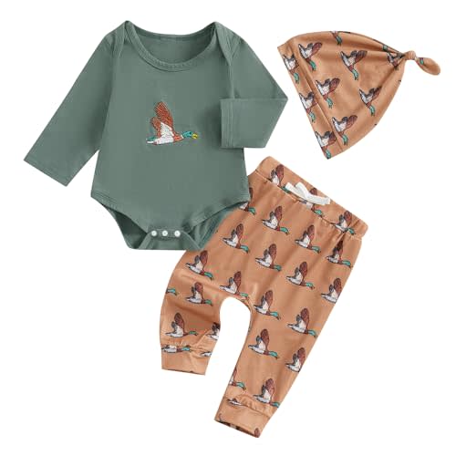 Newborn Baby Boy Hunting Clothes Mallard Duck Embroidery Romper Bodysuit Long Pants Hat Set Fall Winter Outfits