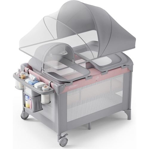 4-in-1 Baby Bassinet with Playard, Sleeper Nest, Changing Table, Mosquito Net & Canopy, Storage and Toys for Newborn to Toddler