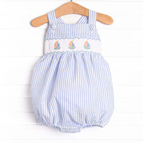 Coastal Cruise Smocked Bubble, Blue Seersucker – Stitchy Fish