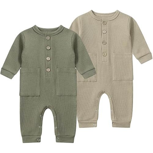 BeiVSlley Newborn Baby Boy Girl 2 Pack Button Solid Romper Infant Long sleeve Knit Cotton Footless Outfits Clothes