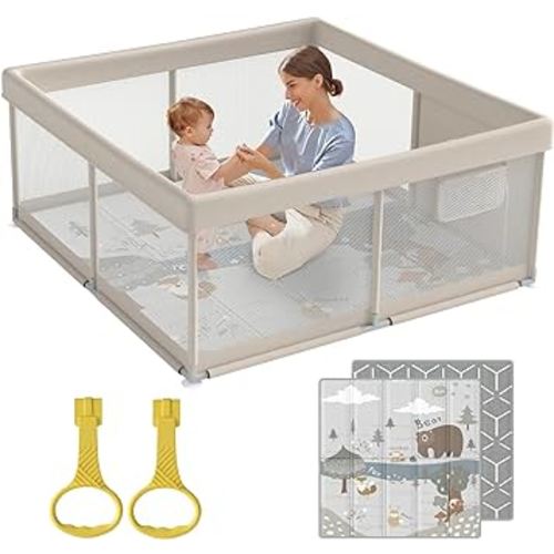 Fodoss Baby Playpen with Mat, Small Baby Play Pen(47x47inch), Playpen for Babies and Toddler (47×47inch Beige with mat)