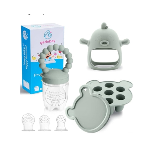 Baby Food Fruit Feeder and Breastmilk Popsicle Mold Set, 3 Pack - 1 Food Feeder Pacifier for Teething Relief, 1 Freezer Tray, 1 Baby Teether Toy, Silicone Fruit Teether (Pea Green)