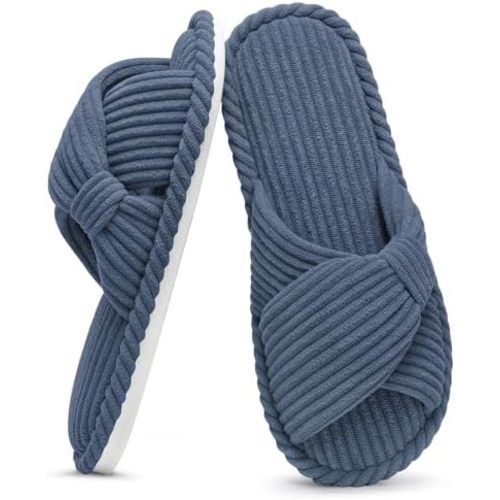 Evshine Summer House Slippers for Women Corduroy Cross Bow Indoor Slippers Open Toe Slip On Bedroom Shoes with Memory Foam