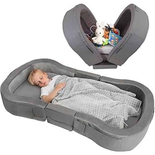 ENITYA Portable Toddler Bed for Travel, Foldable Floor Cot for Sleeping with Washable Cover, Kids Travel Bed for Camping & Home, Easy to Use, for Toddlers 18M–4Y, Dark Grey