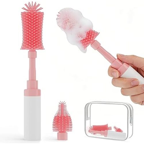 Chuya Baby Bottle Brush Kit -Upgraded Silicone Bottle Cleaning Brush & Nipples Cleaning,Press-Pump Foam Dispenser Brush for Baby Bottles, Nipples, Breast Pump Parts-Rich Foam for Home Travel TSA