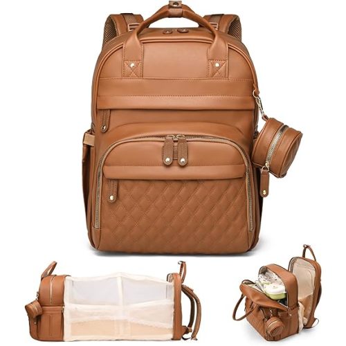 Leather Diaper Bags with Changing Station，Baby Bag，Large Capacity Diaper Bag Backpack for Moms Dads,Waterproof Diaper Backpack（Brown）