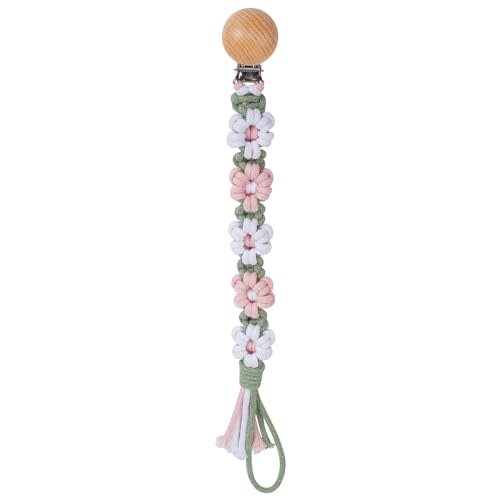 Symbolife Pacifier Clip for Boys Girls Floral Daisy Macrame Baby Paci Clip Pacifier Holder Leash Boho Wooden Clips Handmade Braided Cotton Binky Clips (1pack:Misty Rose)
