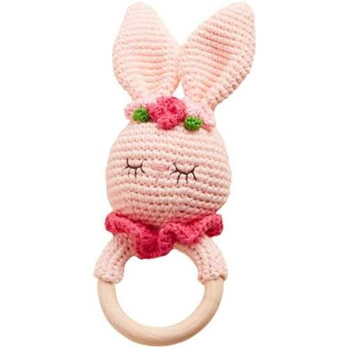 Chippi & Co Crochet Baby Rattle, Crochet Baby Toys, Stuffed Baby Doll, Organic Wooden Newborn Toys, Knitted Stuffed Animals for Babies Boy, Girl, First Fathers Day Gifts for New Dad (Clover Bunny)