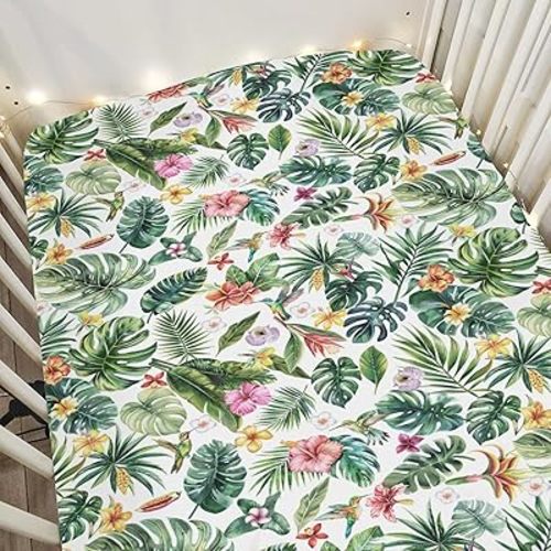 Tropical Flower Leaves Hummingbirds Baby Crib Sheets for Boy Girl 52"x28" Greenery Tropical Jungle Soft Snug Fitted Crib Mattress Cover Boho Summer Baby Sheet for Standard Crib & Toddler Bed Mattress