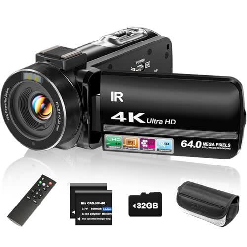 ZYDIIE 4K Video Camera Camcorder UHD 64MP Vlogging Camera for YouTube 18x Digital Zoom 3" 270° Rotation IPS Touchscreen Video Camcorder with Night Vision, Remote Control, 32GB Card, 2 Batteries