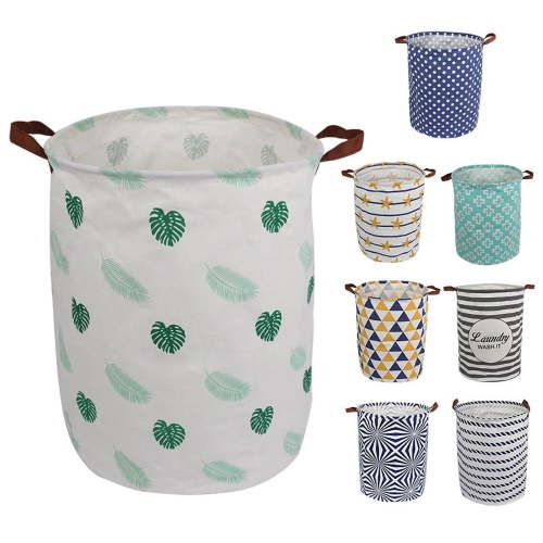 AUCHEN Laundry Hamper, Large Waterproof Cotton Fabric Laundry Baskets with 2 Handles - 19.7"Hx 15.7"Wx 15.7"L - Dirty Clothes, Kids Baby Toys Organizer(Round - Green Feathers)