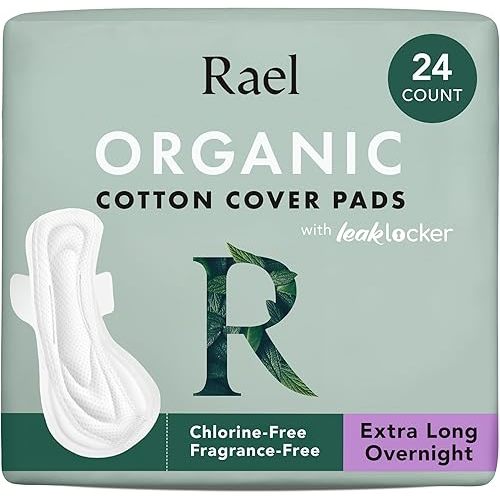 Rael Pads for Women, Organic Cotton Cover - Ultimate Absorbency, Feminine Care, Ultra Thin, Sanitary Napkins with Wings, Unscented (Extra Long Overnight, 24 Count)