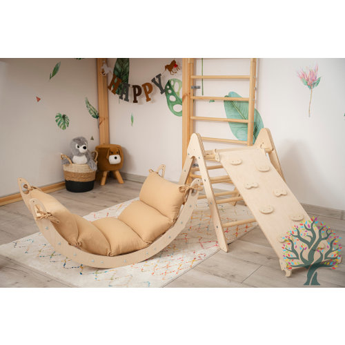 Wooden baby gym Montesori set: Climbing Arch Rocker, Climbing Triangle, Montessori toddler furniture, Montessori Climb Accessories