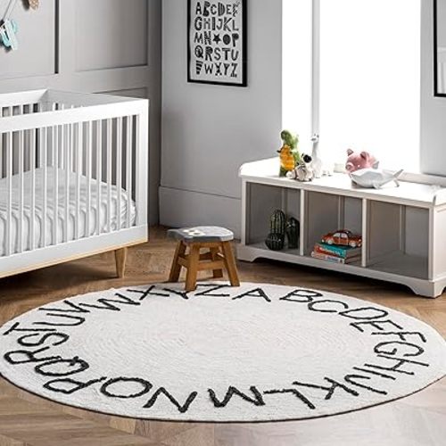 nuLOOM Kids Washable Round Alphabet Area Rug, 6' Round, Ivory